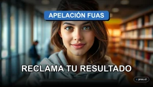 Joven estudiante en una moderna biblioteca universitaria, con una expresión de determinación y enfoque, representando el proceso de apelación del FUAS. Imagen inspiradora y de alta calidad para guiar a postulantes.