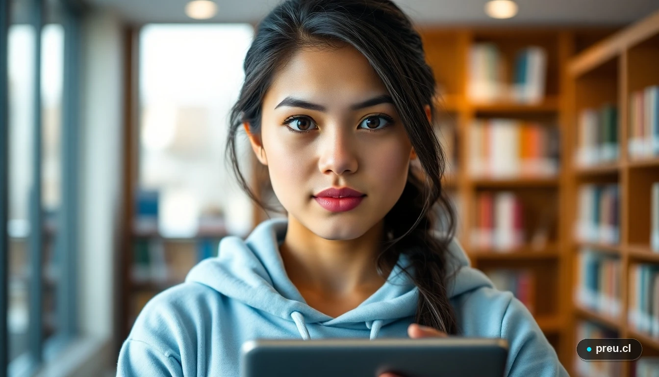 Joven estudiante reflexionando sobre su proceso de apelación FUAS en la biblioteca, con mirada decidida.