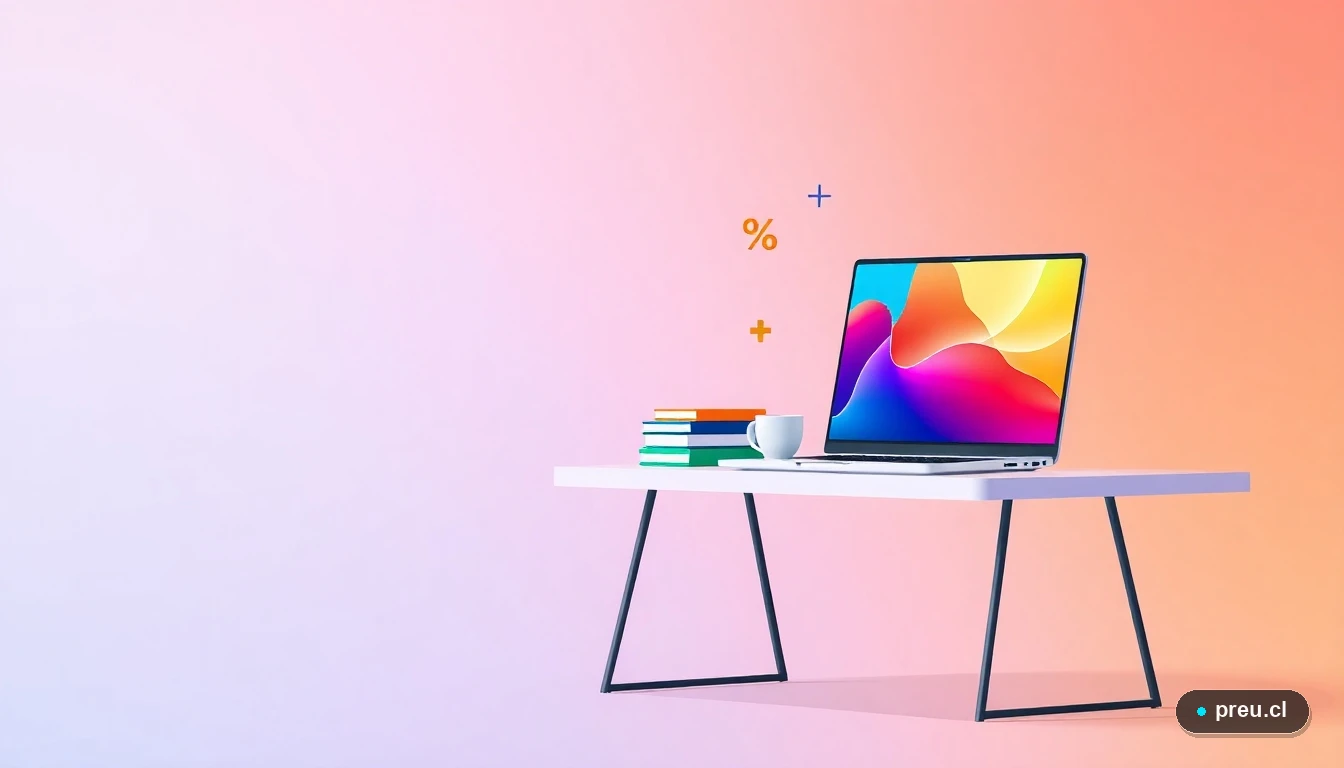 Ilustración de un escritorio de estudio moderno y ordenado con laptop, cuadernos y símbolos matemáticos flotantes, representando el uso práctico del BAES para el aprendizaje. Fondo de gradiente menta relajante.