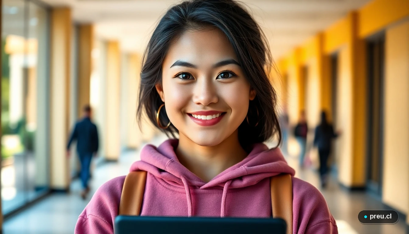 Estudiante universitaria sonriendo con alivio y confianza en un campus moderno, representando el éxito tras gestionar su BAES.