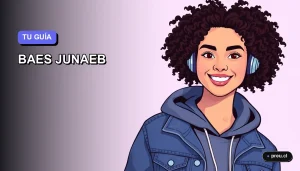 Ilustración plana y moderna de una estudiante universitaria feliz, con un fondo de gradiente lila suave. Representa el apoyo y la información clara sobre la tarjeta BAES Junaeb 2026 para jóvenes chilenos.