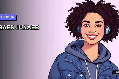 Ilustración plana y moderna de una estudiante universitaria feliz, con un fondo de gradiente lila suave. Representa el apoyo y la información clara sobre la tarjeta BAES Junaeb 2026 para jóvenes chilenos.