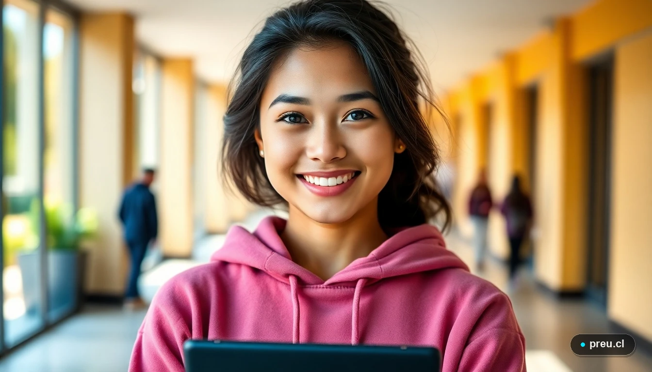 Joven estudiante sonriendo con confianza en un moderno campus universitario en Chile, representando el crecimiento personal y profesional.