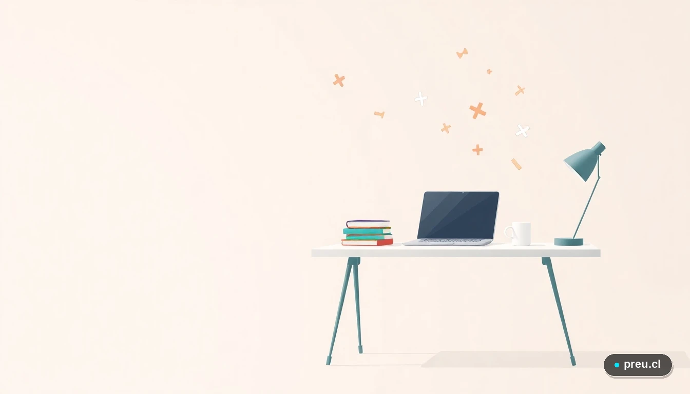 Escritorio de estudio moderno y minimalista con laptop, cuadernos y símbolos matemáticos flotantes, representando el cálculo fácil y rápido de los beneficios estudiantiles Junaeb.