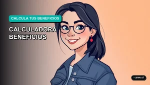 Ilustración plana y moderna de una estudiante universitaria sonriente, con un estilo fresco y juvenil, junto a la Calculadora de Beneficios Junaeb. Descubre tu ayuda en minutos.