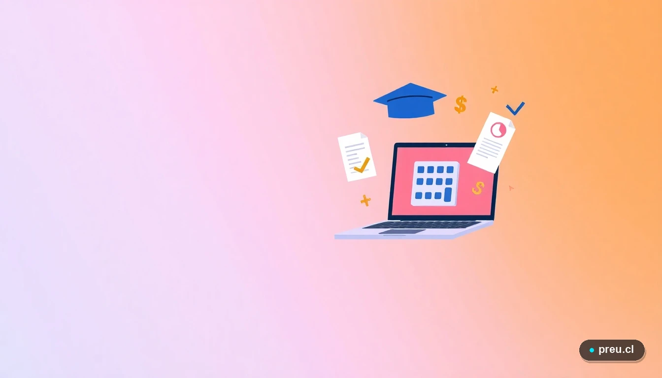 Ilustración de elementos académicos digitales: una laptop, un gorro de graduación y símbolos matemáticos flotantes, sobre un fondo color durazno. Representa la herramienta digital para calcular y organizar el costo de tu IP de manera visual y ordenada.