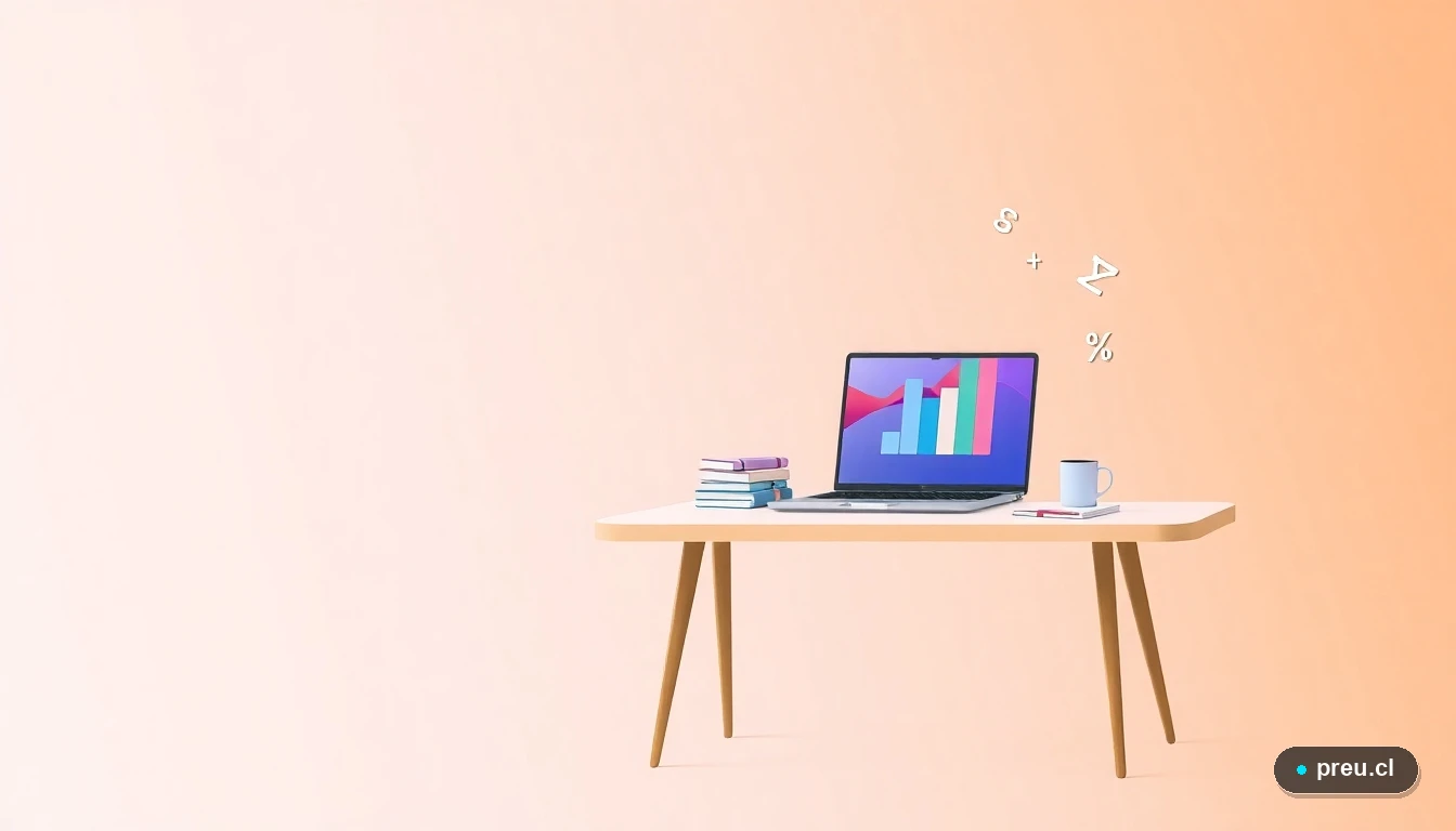 Ilustración plana de un escritorio de estudio moderno con una laptop, cuadernos y símbolos matemáticos flotantes, sobre un fondo con degradado suave de colores cálidos. Representa la herramienta de cálculo en uso para planificar el presupuesto universitario de manera simple y visual.