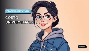 Ilustración plana y moderna de una estudiante universitaria sonriente, con un estilo fresco y juvenil, junto a una calculadora y símbolos de moneda. Fondo con un degradado suave de azul claro. Representa la herramienta para calcular y planificar el presupuesto de tu carrera profesional.