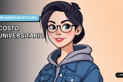Ilustración plana y moderna de una estudiante universitaria sonriente, con un estilo fresco y juvenil, junto a una calculadora y símbolos de moneda. Fondo con un degradado suave de azul claro. Representa la herramienta para calcular y planificar el presupuesto de tu carrera profesional.