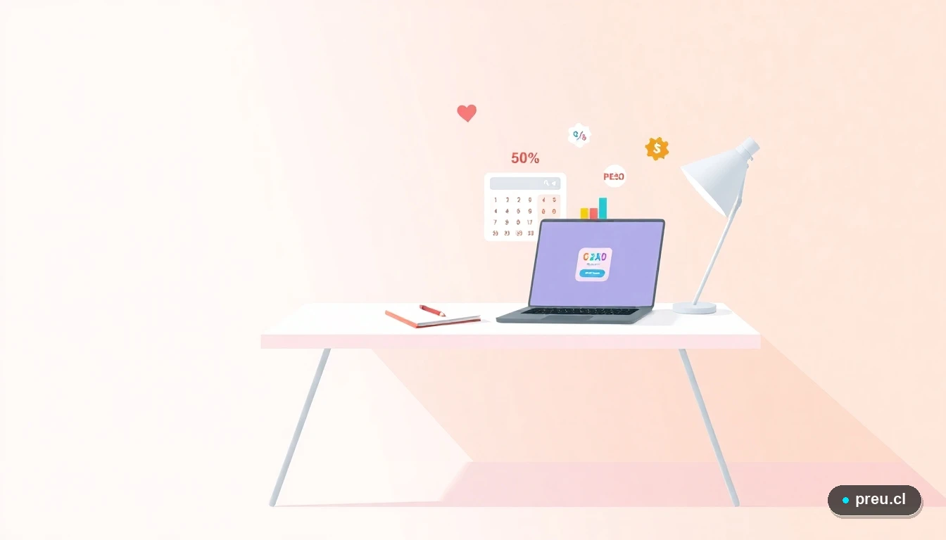 Ilustración vectorial de un escritorio de estudio moderno con una laptop mostrando una calculadora, un cuaderno y símbolos financieros flotantes, sobre un fondo de gradiente lavanda y durazno. Representa las herramientas digitales para planificar tu presupuesto educativo de forma clara y visual.