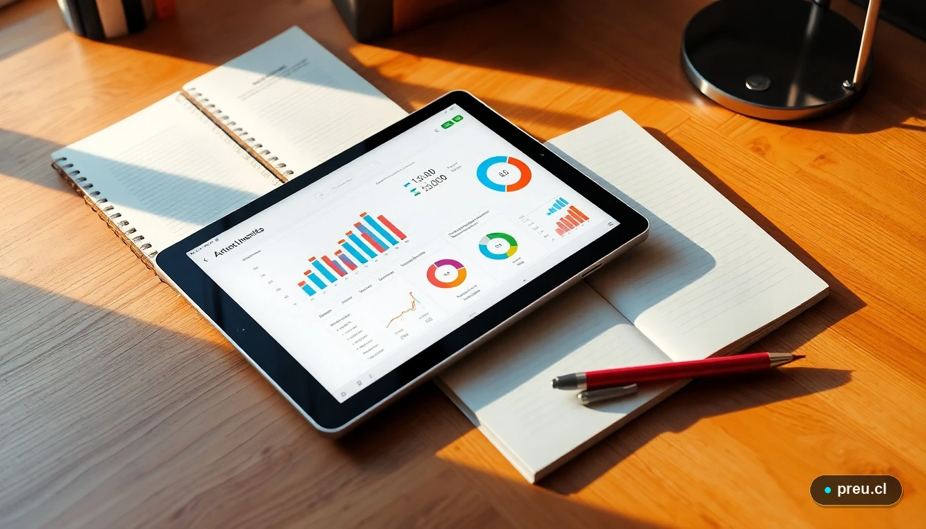 Tableta mostrando gráficos de simulación financiera junto a útiles de estudio en un escritorio despejado, representando la planificación del crédito CAE.