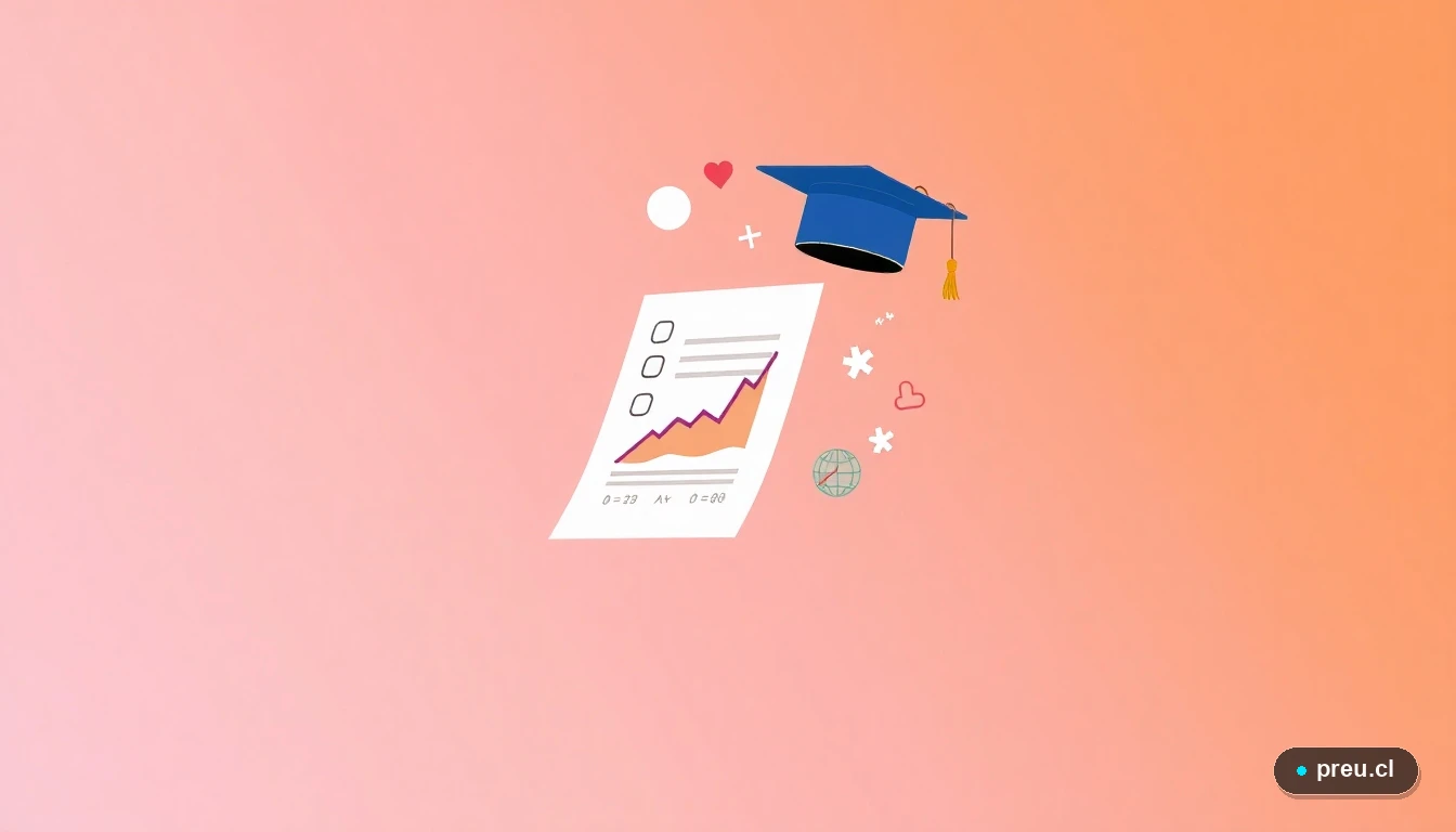 Elementos gráficos abstractos de éxito académico: un papel de prueba con A+, un gorro de graduación y un gráfico de progreso, sobre un fondo color durazno. Representa el logro y la preparación efectiva para la PAES.