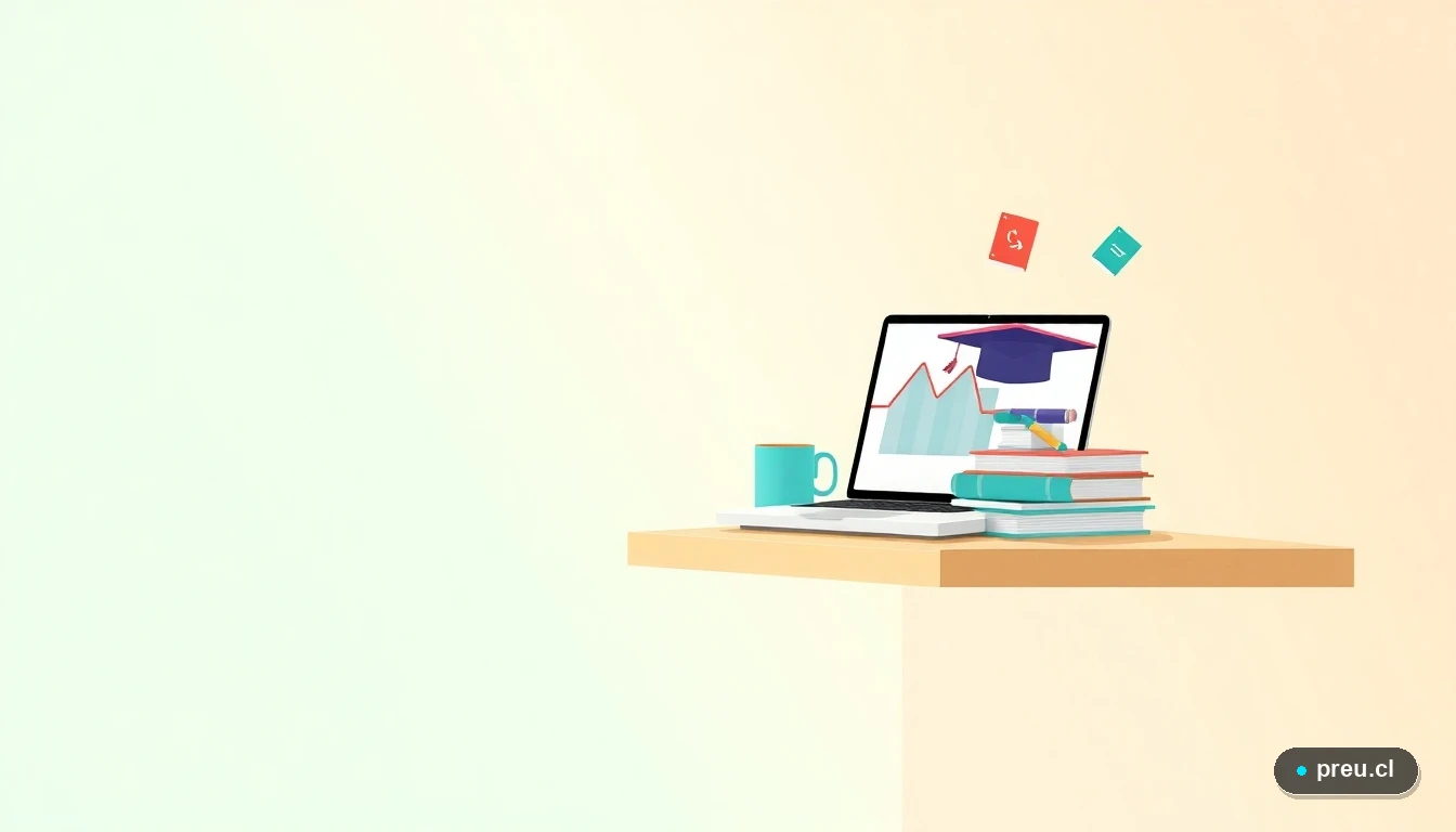 Escritorio de estudio moderno y minimalista con laptop, cuadernos y símbolos académicos, sobre un fondo de gradiente verde menta vacío. Representa la organización y el éxito en el cálculo del puntaje para la universidad.