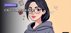 Ilustración plana y moderna de una estudiante universitaria sonriente junto a una calculadora y símbolos matemáticos flotantes, sobre un fondo de gradiente suave. Representa el cálculo del puntaje NEM para la PAES de manera simple y motivadora.