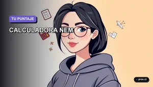 Ilustración plana y moderna de una estudiante universitaria sonriente junto a una calculadora y símbolos matemáticos flotantes, sobre un fondo de gradiente suave. Representa el cálculo del puntaje NEM para la PAES de manera simple y motivadora.