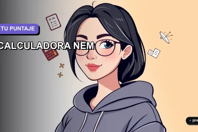 Ilustración plana y moderna de una estudiante universitaria sonriente junto a una calculadora y símbolos matemáticos flotantes, sobre un fondo de gradiente suave. Representa el cálculo del puntaje NEM para la PAES de manera simple y motivadora.