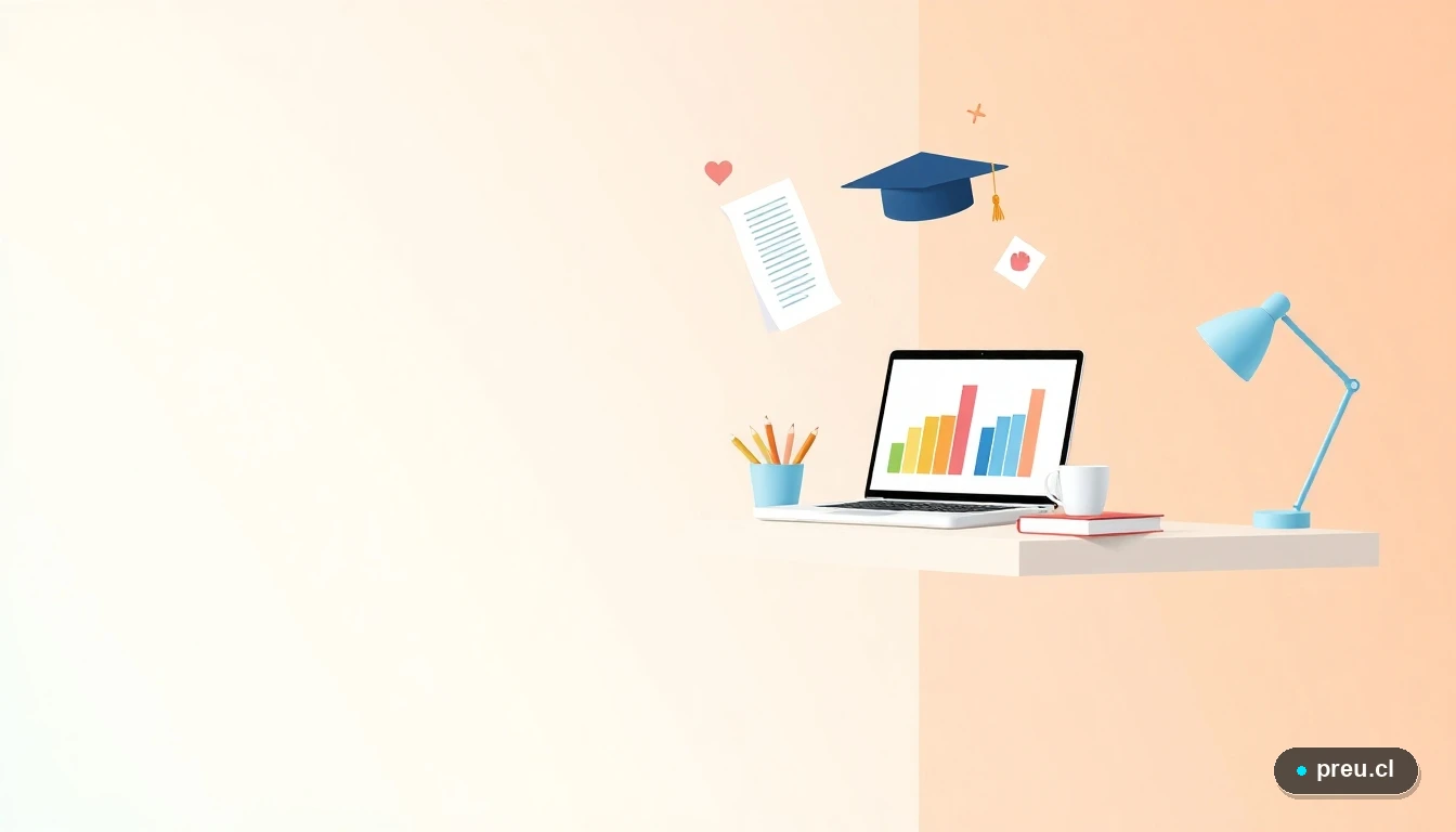 Ilustración de un escritorio de estudio moderno con laptop, cuadernos y símbolos académicos flotantes, representando el proceso de cálculo del NEM. Fondo minimalista de color menta.