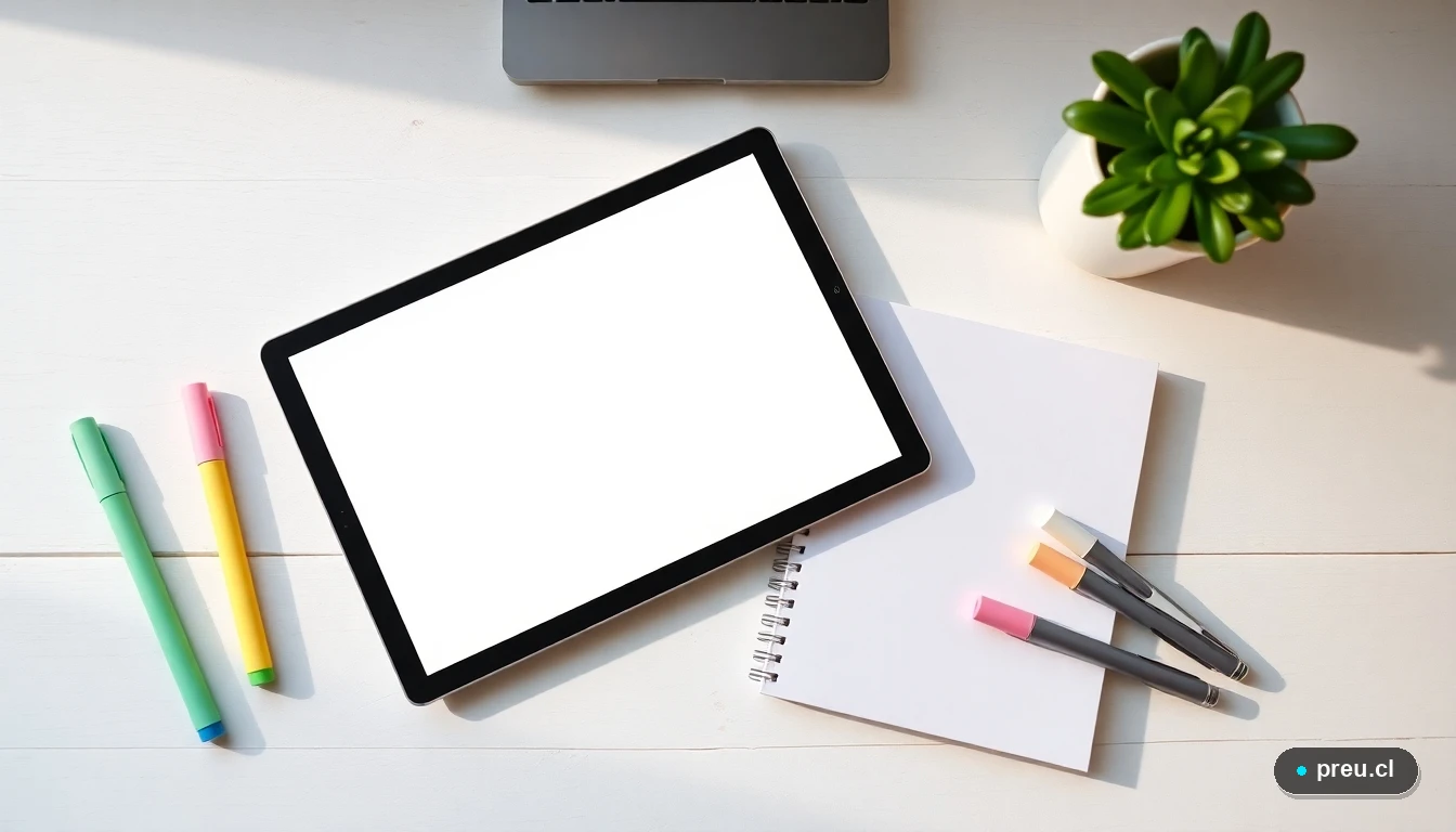 Escritorio minimalista de estudio con tablet y cuadernos, listo para calcular el puntaje NEM.