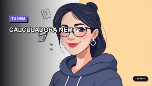 Ilustración plana y moderna de una estudiante universitaria sonriente, junto a una calculadora y símbolos matemáticos flotantes, sobre un fondo de gradiente suave. Guía para entender y calcular tu puntaje NEM de manera simple.