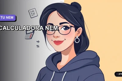 Ilustración plana y moderna de una estudiante universitaria sonriente, junto a una calculadora y símbolos matemáticos flotantes, sobre un fondo de gradiente suave. Guía para entender y calcular tu puntaje NEM de manera simple.
