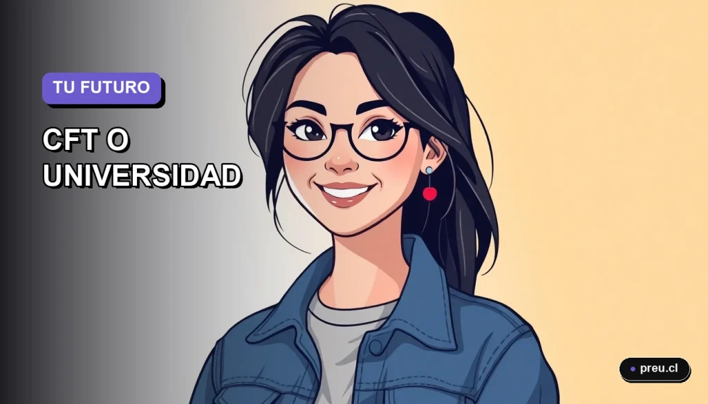 Ilustración plana y moderna de una joven estudiante sonriente, con estilo de pelo moderno y ropa casual, sobre un fondo de gradiente suave. La imagen representa la decisión entre CFT y Universidad, con un estilo fresco y motivador para jóvenes.