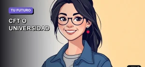 Ilustración plana y moderna de una joven estudiante sonriente, con estilo de pelo moderno y ropa casual, sobre un fondo de gradiente suave. La imagen representa la decisión entre CFT y Universidad, con un estilo fresco y motivador para jóvenes.
