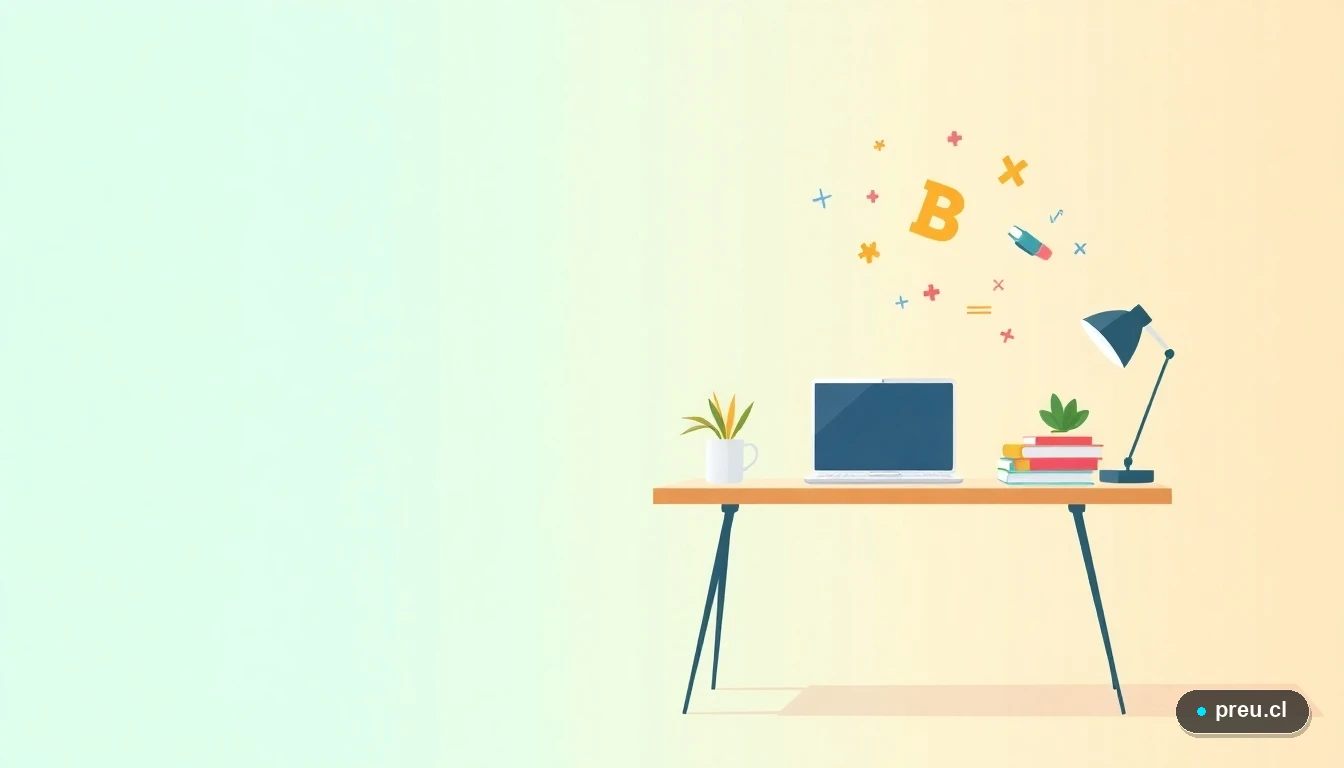 Escritorio de estudio moderno y minimalista con laptop, cuadernos y símbolos matemáticos flotantes, representando el análisis y la toma de decisiones académicas. Fondo con gradiente de menta a verde azulado, ideal para contenido educativo.