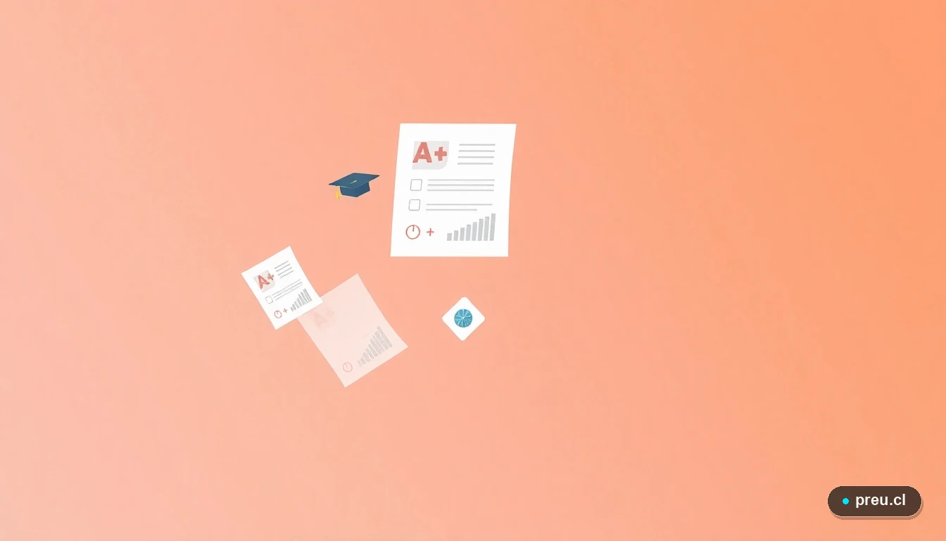 Ilustración abstracta de elementos académicos como papeles de examen con nota máxima, gráficos de progreso y gorros de graduación, en estilo plano y vectorial. Diseño asimétrico con fondo gradiente melocotón vacío en el 60% izquierdo, representando logros y metas en la educación superior.