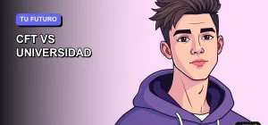 Ilustración plana y moderna de un estudiante joven, con expresión segura y ropa casual, posicionado en el borde derecho. El fondo es un gradiente suave de color lavanda, dejando un 60% del espacio vacío para un diseño minimalista y asimétrico. Representa la confianza al elegir tu camino de educación superior.