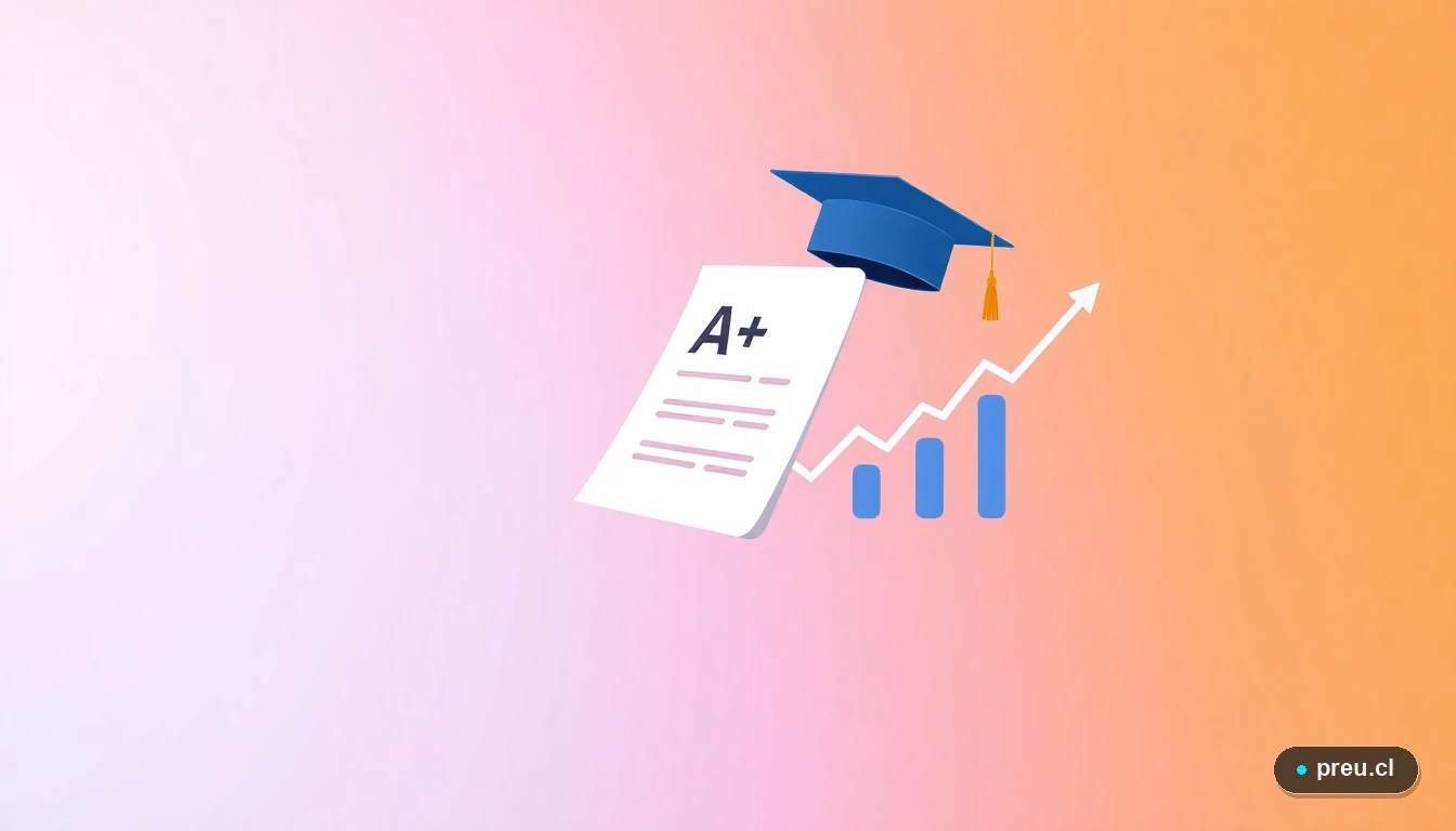Ilustración abstracta de elementos académicos: un papel de examen con nota máxima, un birrete y un gráfico de progreso ascendente, sobre un fondo cálido y motivador. Representa el éxito en tu proceso de apelación.