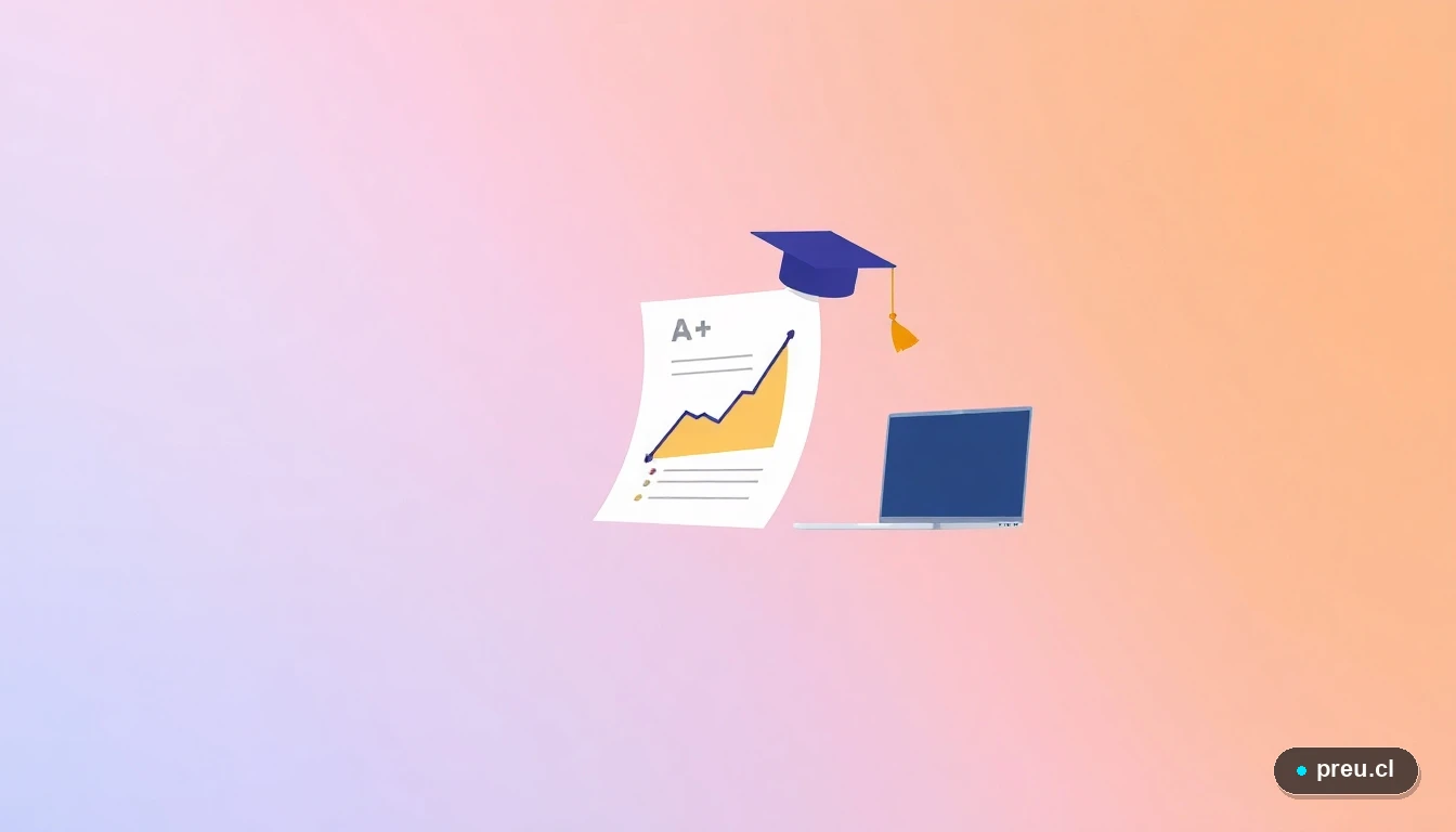 Ilustración abstracta de elementos universitarios: un papel de examen con nota máxima, un capelo de graduación y un gráfico de progreso, sobre un fondo de gradiente melocotón. Representa el éxito académico y la planificación del camino universitario.