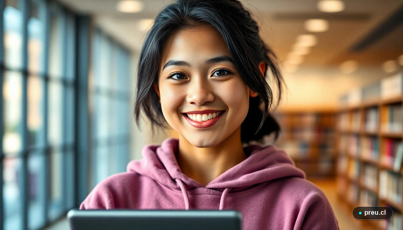 Joven estudiante sonriendo con confianza en una biblioteca universitaria moderna, pensando en su futuro educativo y financiamiento.