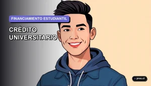 Ilustración plana y moderna de un estudiante universitario sonriendo, con un fondo de gradiente lila suave. Representa la confianza y claridad al entender el financiamiento de la educación superior. Imagen optimizada para jóvenes chilenos.