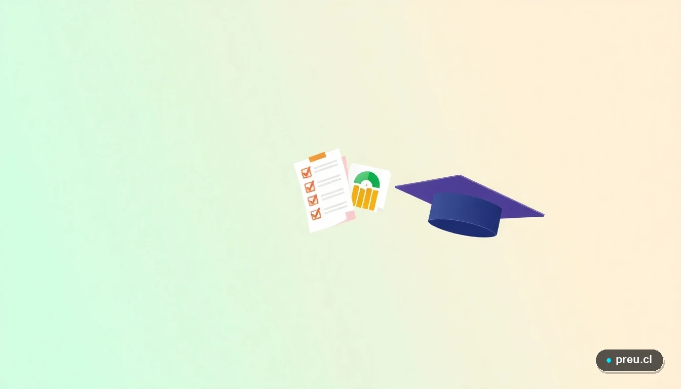 Composición de iconos planos y coloridos que simbolizan los logros académicos: un capelo de graduación, una lista de verificación completada y un documento con nota máxima. Representa la culminación exitosa del proceso de postulación a la beca.