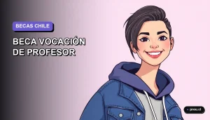 Ilustración plana y moderna de una joven estudiante universitaria sonriendo, con un fondo de gradiente suave. Representa el acceso a la información sobre la Beca Vocación de Profesor para futuros docentes en Chile.