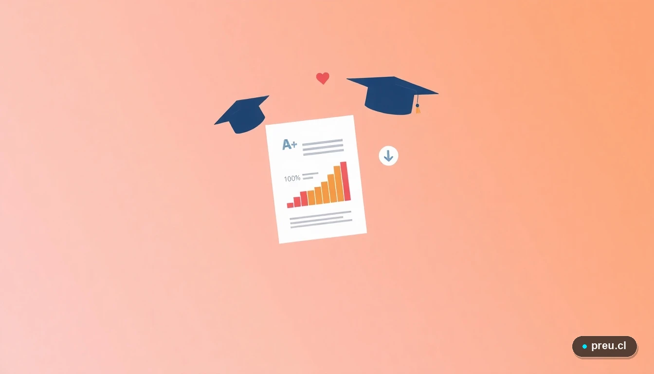 Ilustración abstracta de elementos académicos en estilo plano: un papel de examen con nota máxima, un capelo de graduación y un gráfico de progreso completo, sobre un fondo color durazno. Simboliza el éxito y la culminación de procesos administrativos estudiantiles de forma simple y visual.