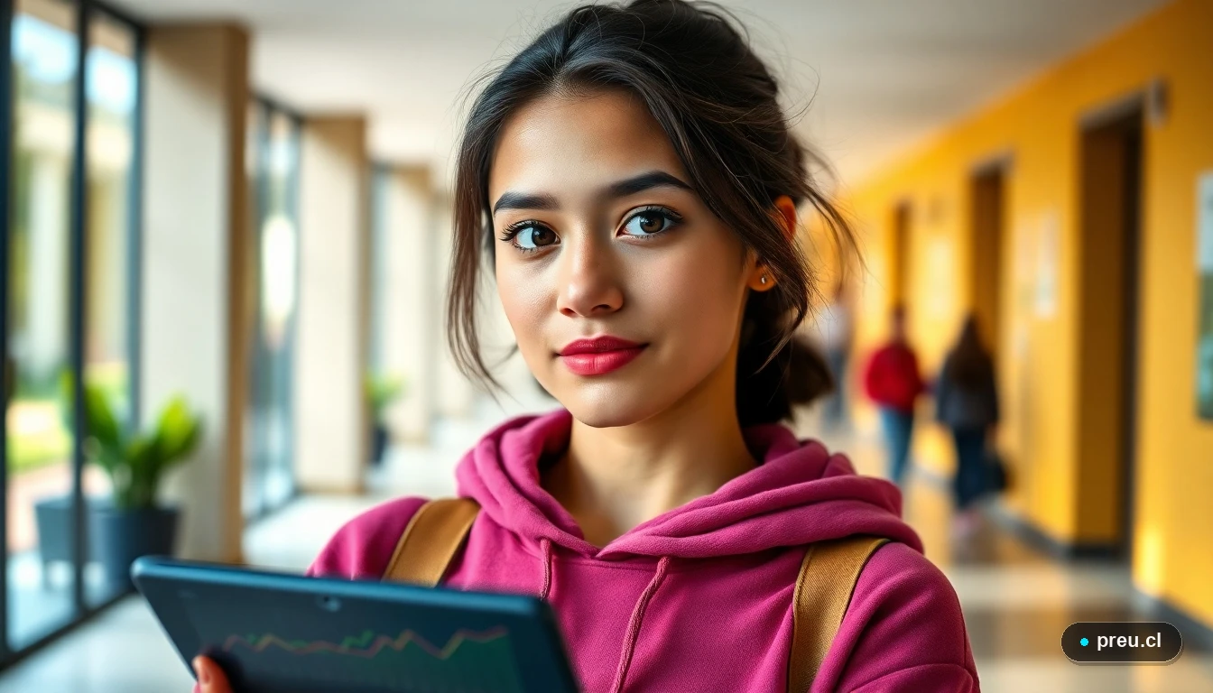 Joven estudiante reflexiona en un moderno pasillo universitario, evaluando su futuro académico con confianza.