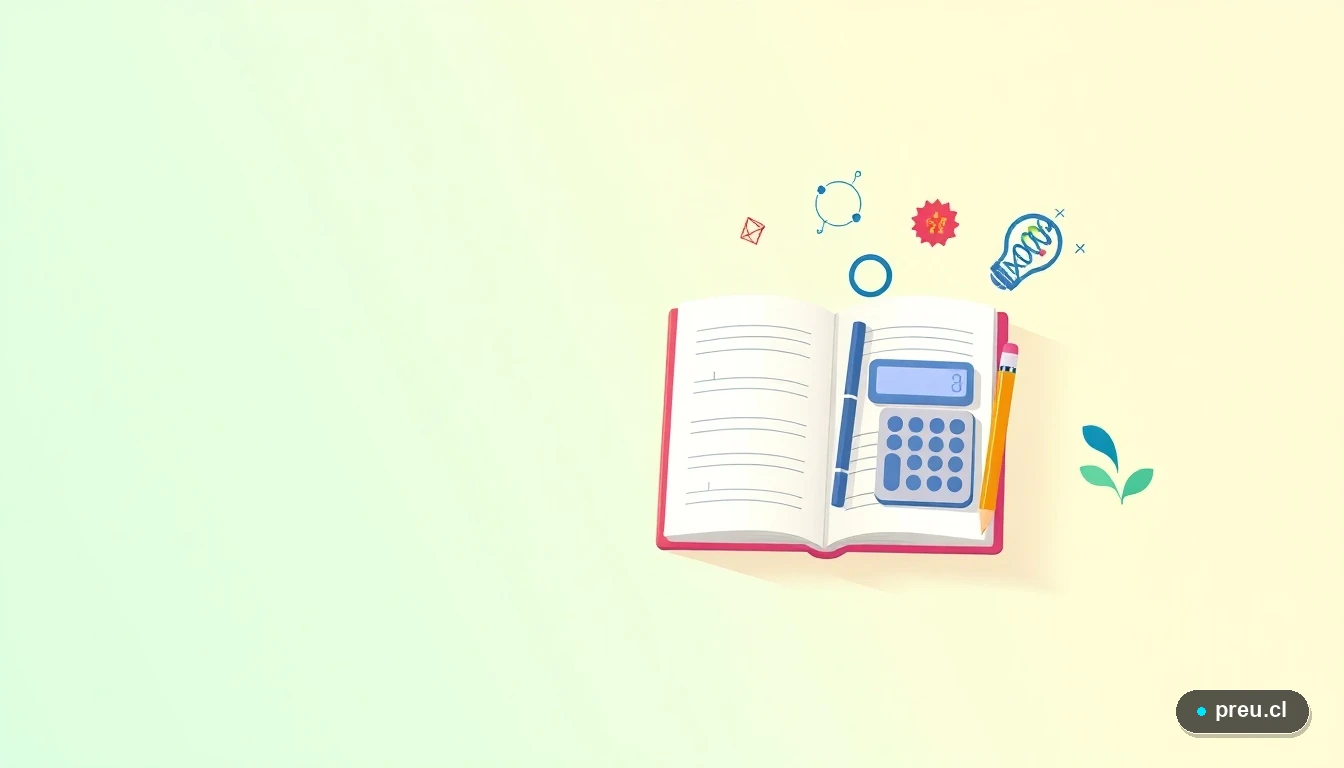 Ilustración de conceptos de biofísica: un cuaderno abierto muestra un diagrama de ADN junto a una gráfica de ondas, representando la conexión entre ciencias. Elementos planos y coloridos sobre un fondo de gradiente menta, ideal para el estudio visual.