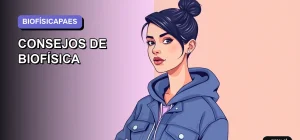 Ilustración plana y moderna de una estudiante universitaria sonriente, con un fondo de gradiente lila suave. Representa la confianza y el enfoque para preparar la PAES conectando la biología con la física, en un estilo fresco y motivador para jóvenes.