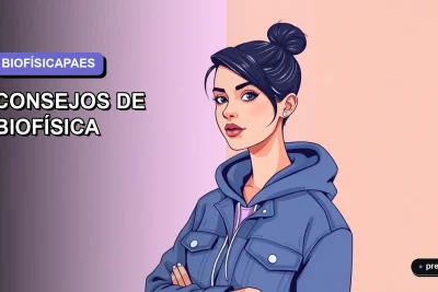 Ilustración plana y moderna de una estudiante universitaria sonriente, con un fondo de gradiente lila suave. Representa la confianza y el enfoque para preparar la PAES conectando la biología con la física, en un estilo fresco y motivador para jóvenes.