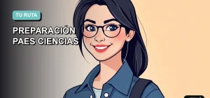 Ilustración plana y moderna de una joven estudiante sonriente, lista para su prueba PAES de Ciencias, con un fondo de gradiente suave en tonos teal. Representa el enfoque y la confianza para el éxito académico.