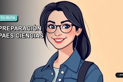 Ilustración plana y moderna de una joven estudiante sonriente, lista para su prueba PAES de Ciencias, con un fondo de gradiente suave en tonos teal. Representa el enfoque y la confianza para el éxito académico.