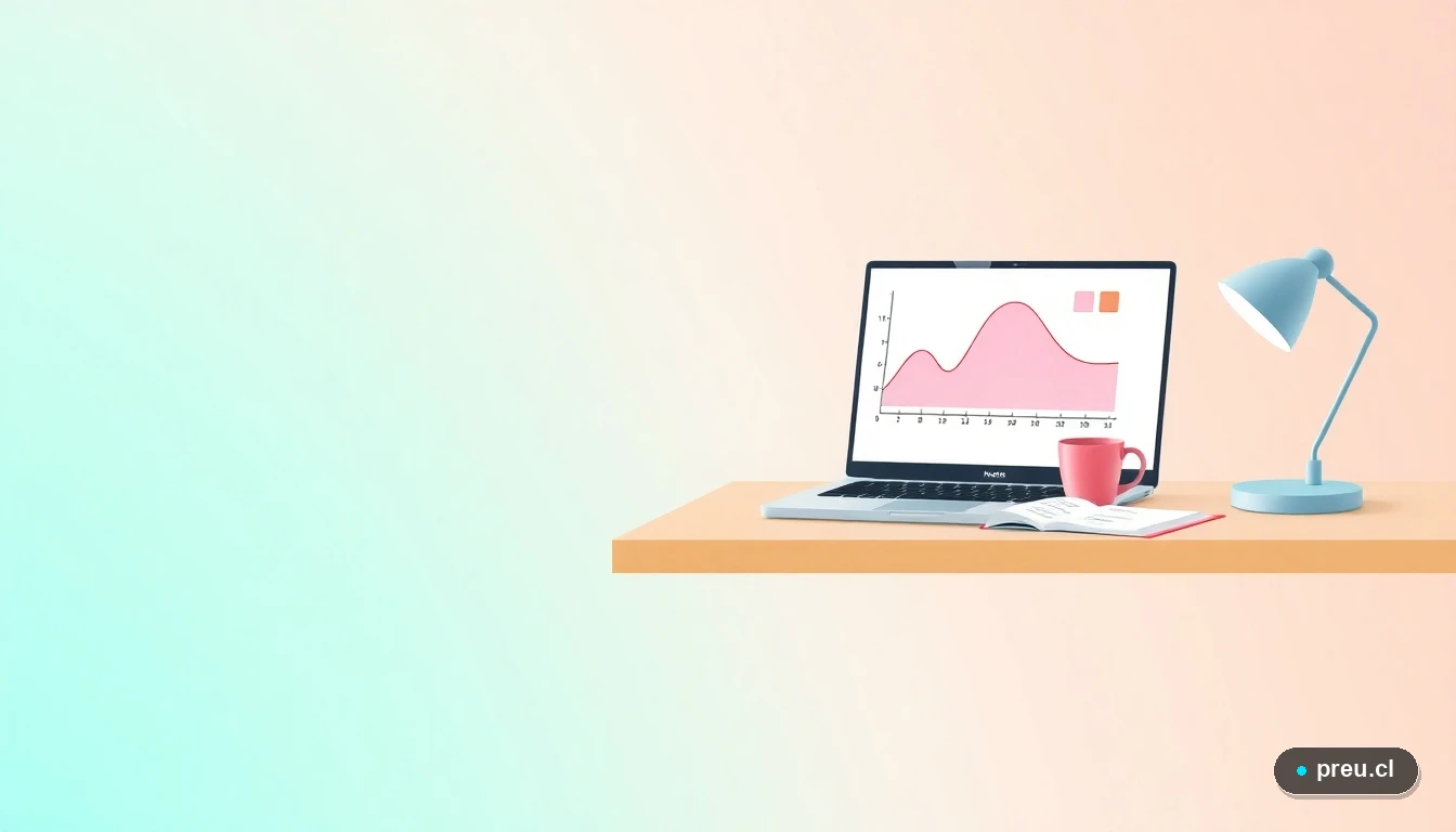 Ilustración vectorial plana de un escritorio de estudio moderno con elementos de probabilidad: un laptop mostrando un gráfico, un cuaderno con diagramas, una taza de café y símbolos matemáticos flotantes, sobre un fondo de gradiente menta refrescante. Ideal para representar el estudio efectivo.