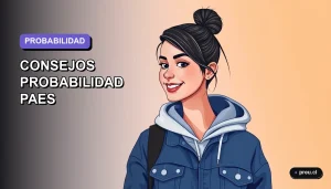 Ilustración plana y moderna de una estudiante universitaria sonriente y segura, con un fondo de gradiente lavanda. Representa el dominio de la probabilidad para la PAES con un estilo fresco y motivador para jóvenes.