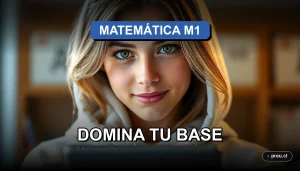 Joven estudiante en un moderno campus universitario, con expresión de confianza y determinación, representando la preparación ideal para la PAES de Matemática M1. Imagen inspiradora y de alta calidad para motivar a postulantes.