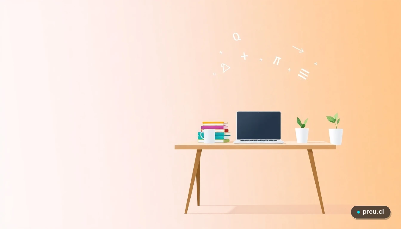 Escritorio de estudio moderno y organizado con laptop, cuadernos de colores y una taza de café, junto a símbolos matemáticos flotantes. Representa un espacio de aprendizaje ideal y motivador para preparar la PAES.