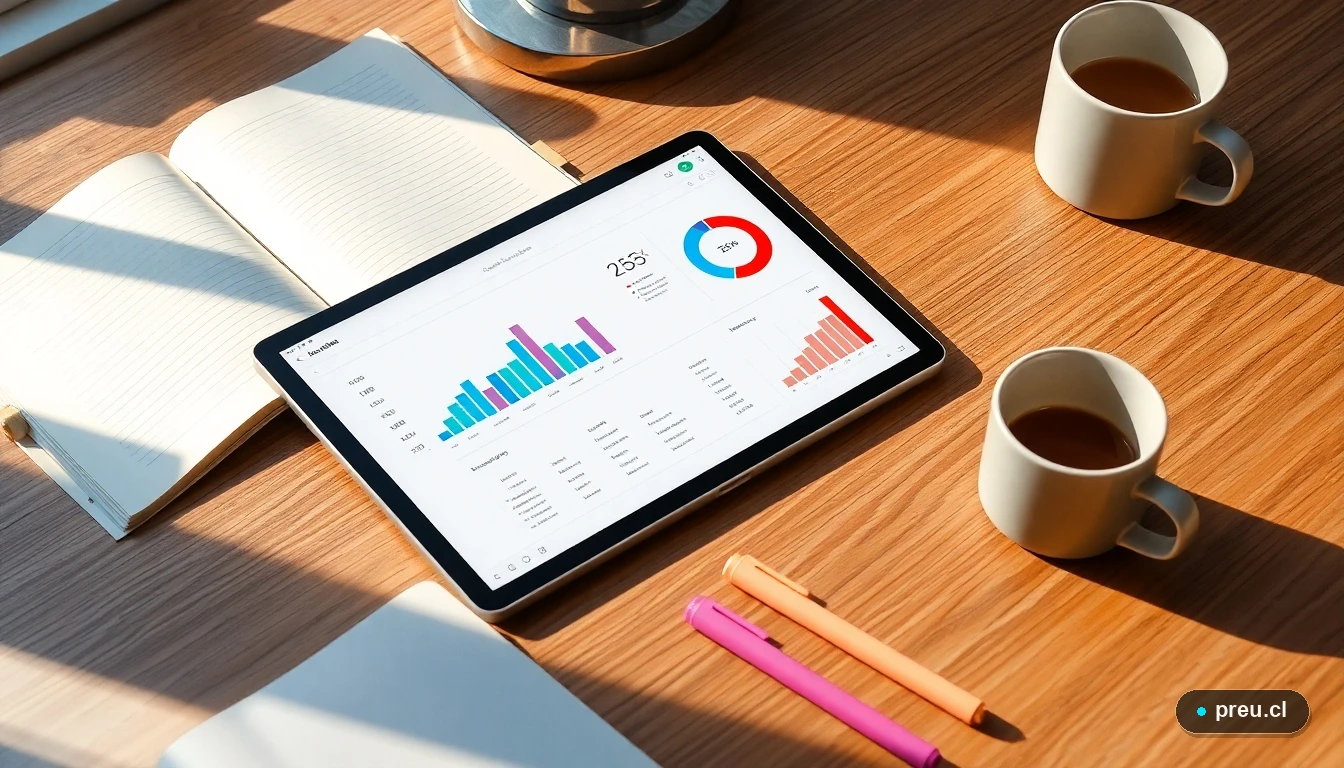 Estudio organizado para Matemática M1: tablet con gráficos, cuadernos y útiles en un escritorio iluminado.