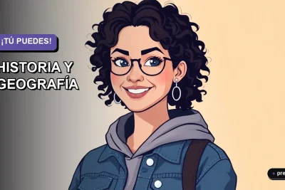 Ilustración plana y moderna de una estudiante universitaria sonriendo con confianza, lista para dominar la PAES de Historia y Geografía. Fondo con gradiente suave en tonos lavanda y lila, estilo educativo contemporáneo.