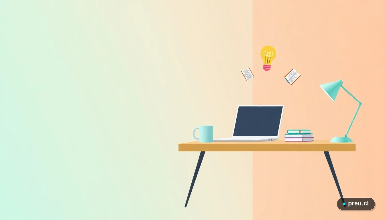 Escritorio de estudio moderno y minimalista con laptop, cuadernos y elementos simbólicos de aprendizaje, representando un espacio ideal para preparar la PAES. Diseño plano y colorido para inspirar el estudio.