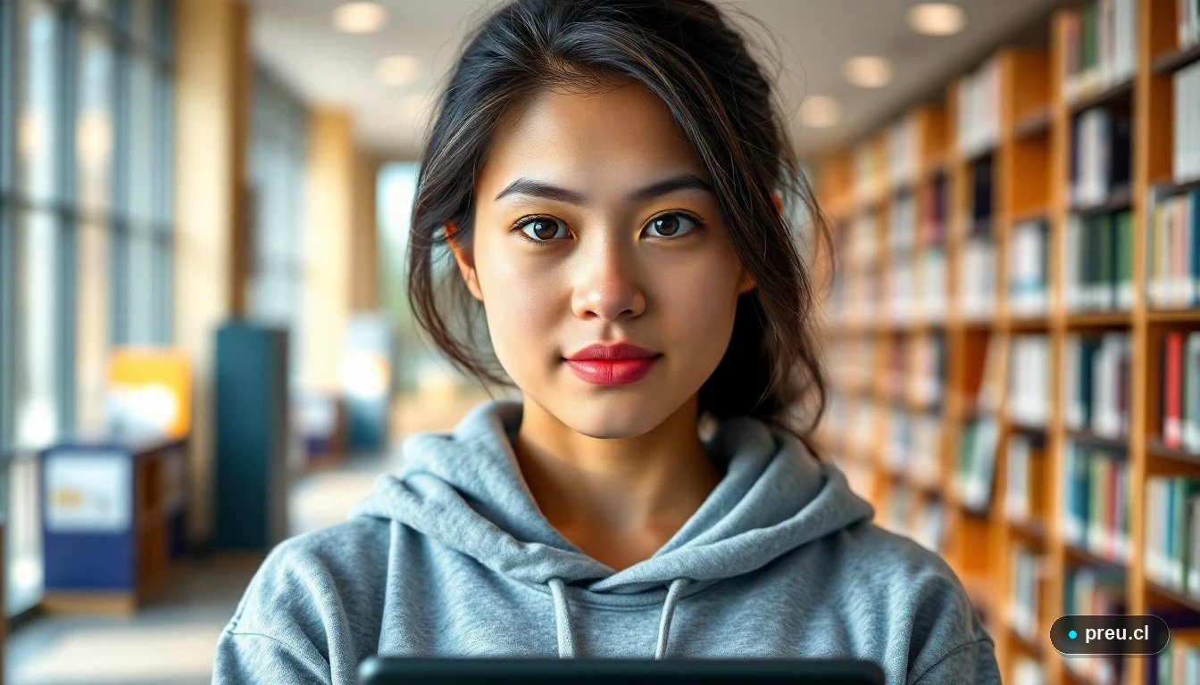 Joven estudiante concentrada, preparándose con confianza para la prueba de Competencia Lectora de la PAES en una biblioteca moderna.